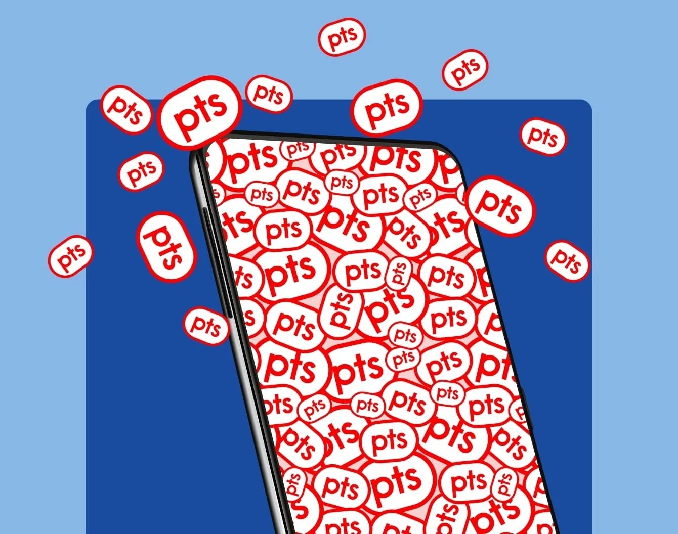 A blank phone screen bursting with red PC Optimum points pucks against a medium blue rectangle on a lighter blue background.