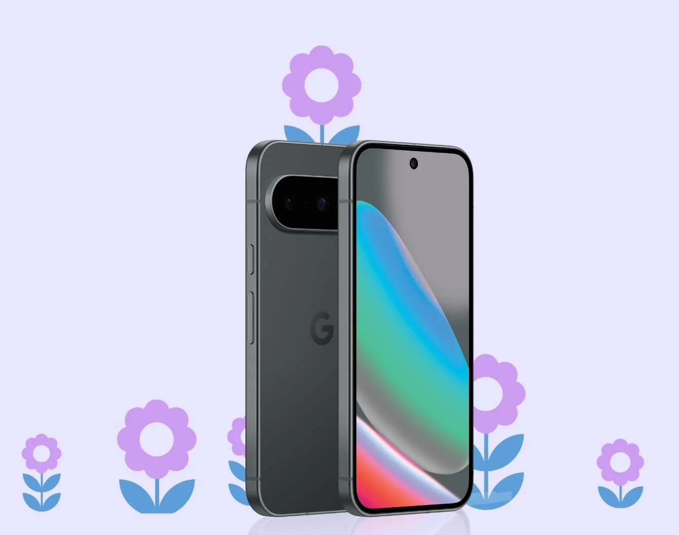 A Pixel 10 angled front screen & back on a lavender background surrounded by purple flowers.